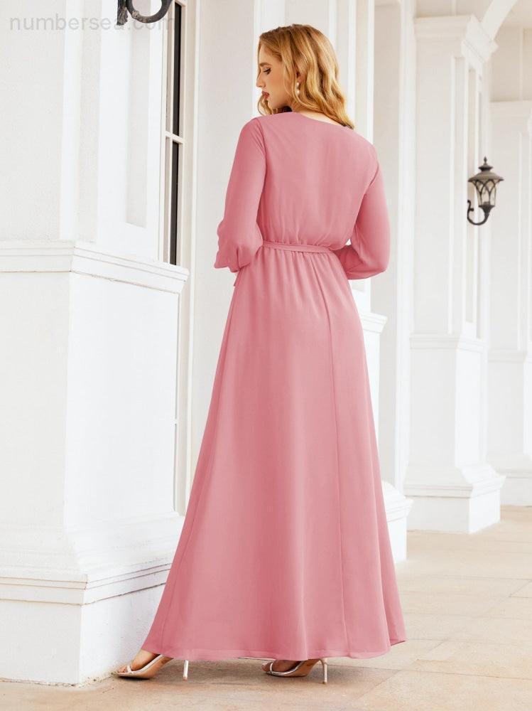 Numbersea Women's Chiffon Bridesmaid Dress A line Long Sleeves Formal Evening Prom Gown for Wedding Guest 28032