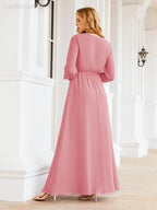 Numbersea Women's Chiffon Bridesmaid Dress A line Long Sleeves Formal Evening Prom Gown for Wedding Guest 28032