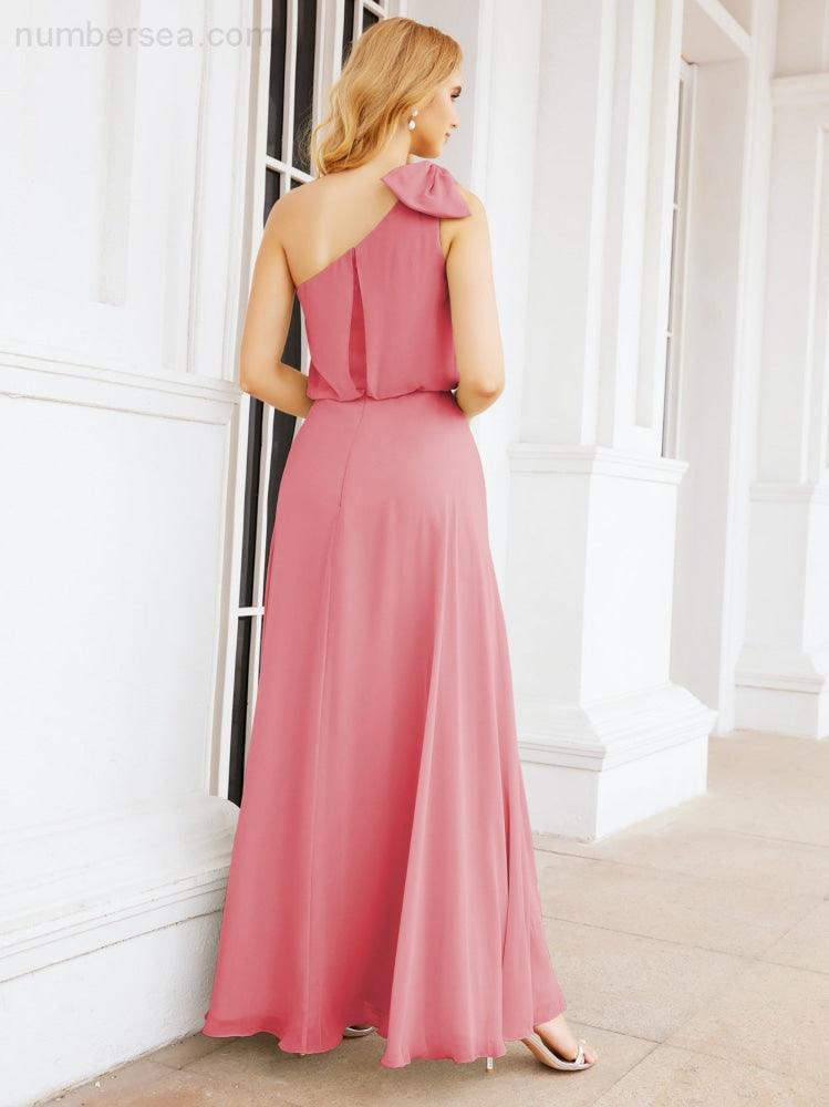 Numbersea Chiffon Ruffled One Shoulder Sleeveless Long Bride Dresses A-line Formal Evening Gown Side Split 28057