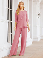 Sunnderly Elegant 2 Piece Mother of The Bride Dress Plus Size Pant Suits Ruffle Layers Sliver Housecoat SY28064