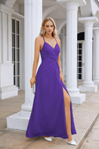 Ladies Chiffon Spaghetti Strap V Neck Front Slit Floor Length Bridesmaid Evening Dress Prom Party Wedding Evening Dress 28116