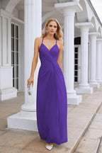 Ladies Chiffon Spaghetti Strap V Neck Front Slit Floor Length Bridesmaid Evening Dress Prom Party Wedding Evening Dress 28116