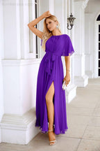 Ladies Chiffon Sleeve Crew Neck Front Slit Floor Length Bridesmaid Evening Dress Wedding Party Evening Dress 28124