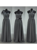 Convertible Dark Grey Chiffon Bridesmaid Dress A-line One Shoulder Halter-neck Strapless Sweetheart