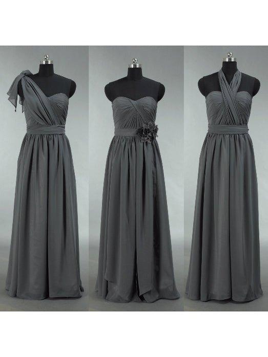 Convertible Dark Grey Chiffon Bridesmaid Dress A-line One Shoulder Halter-neck Strapless Sweetheart