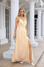 Ladies Chiffon Spaghetti Strap V Neck Front Slit Floor Length Bridesmaid Evening Dress Prom Party Wedding Evening Dress 28116