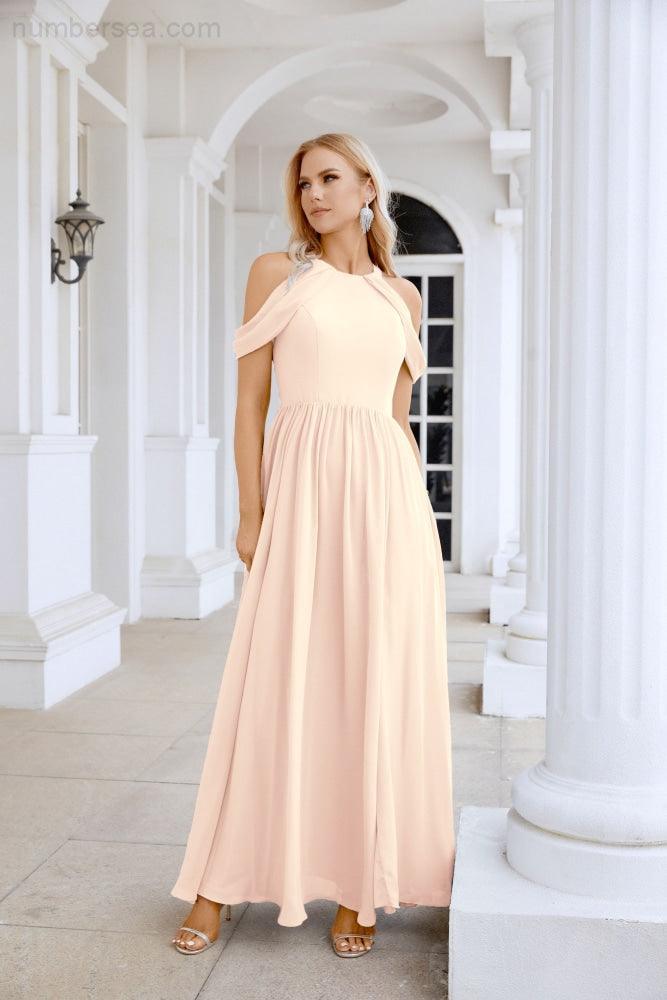 Ladies Chiffon Off Shoulder Swing Sleeve Front Slit Bridesmaid Evening Dress Wedding Party Evening Dress 28117