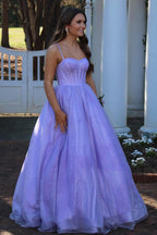 A Line Spaghetti Straps Light Purple Long Prom Dress
