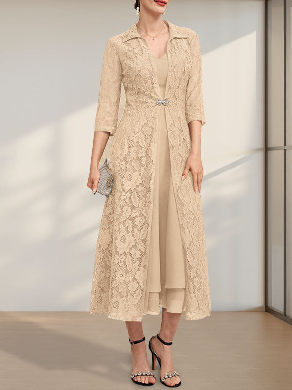 A-line V-Neck Tea-Length Chiffon Mother of the Bride Dress