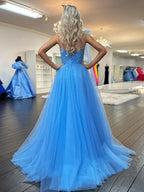 Cute A Line One Shoulder Blue Tulle Prom Dress with Appliques
