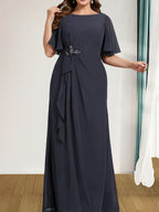 A-line Scoop Floor-Length Chiffon Mother of the Bride Dress With Cascading Ruffles Beading Sequins