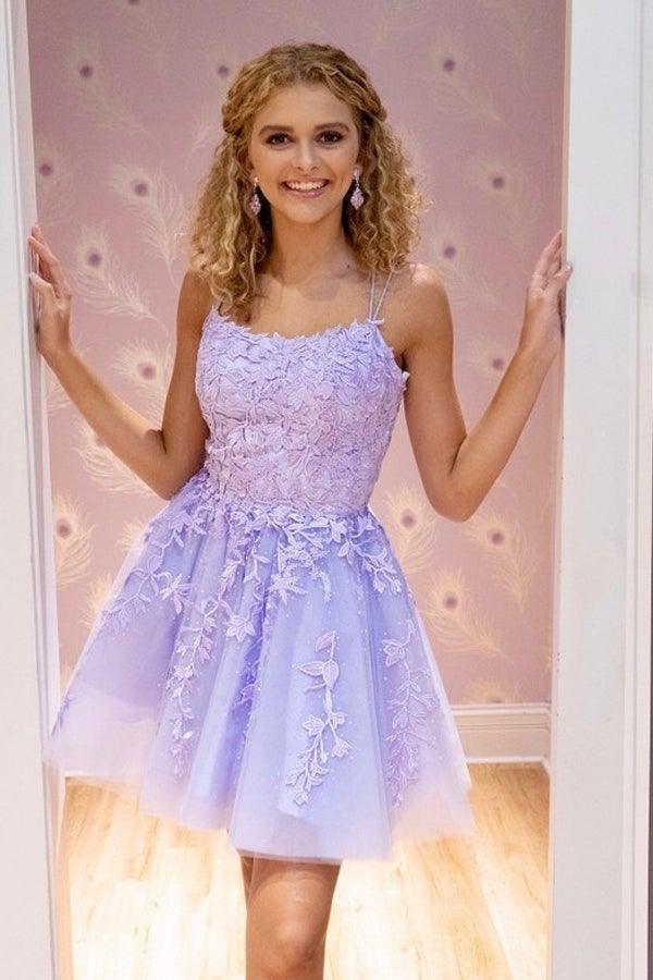 Straps Lace Applique Homecoming Dress Short Prom Dress