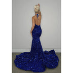V-Neck Halter Backless Sequins Mermaid Long Prom Evening Dress With Sweep Train