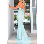 V-Neck Halter Backless Satin Mermaid Long Prom Evening Gown