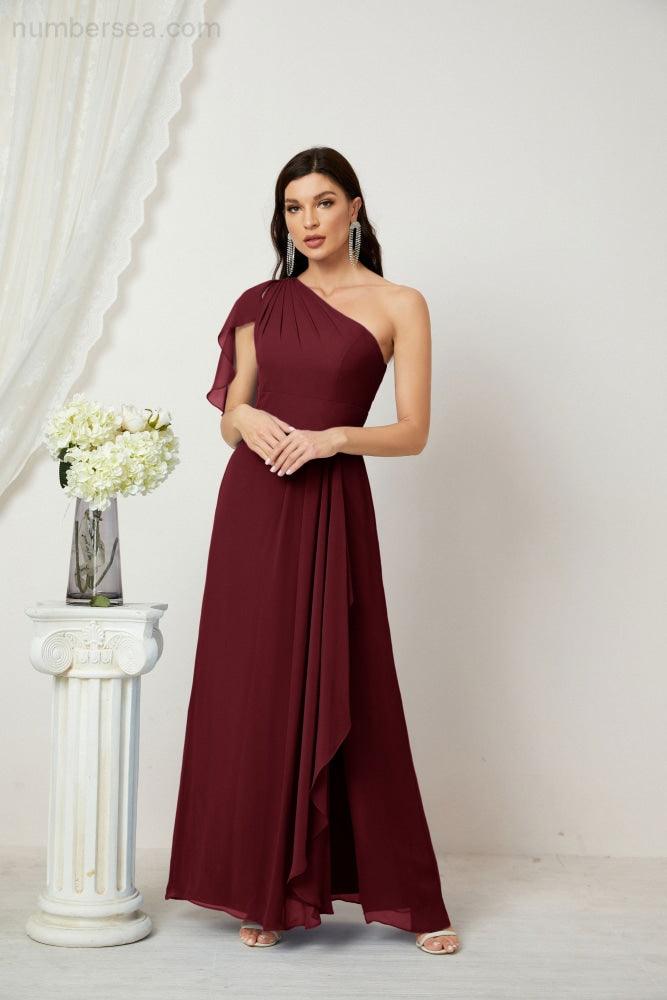 Numbersea  Chiffon Ruffled One Shoulder Long Bridesmaid Dresses A-line Formal Evening Gown Side Split 2809