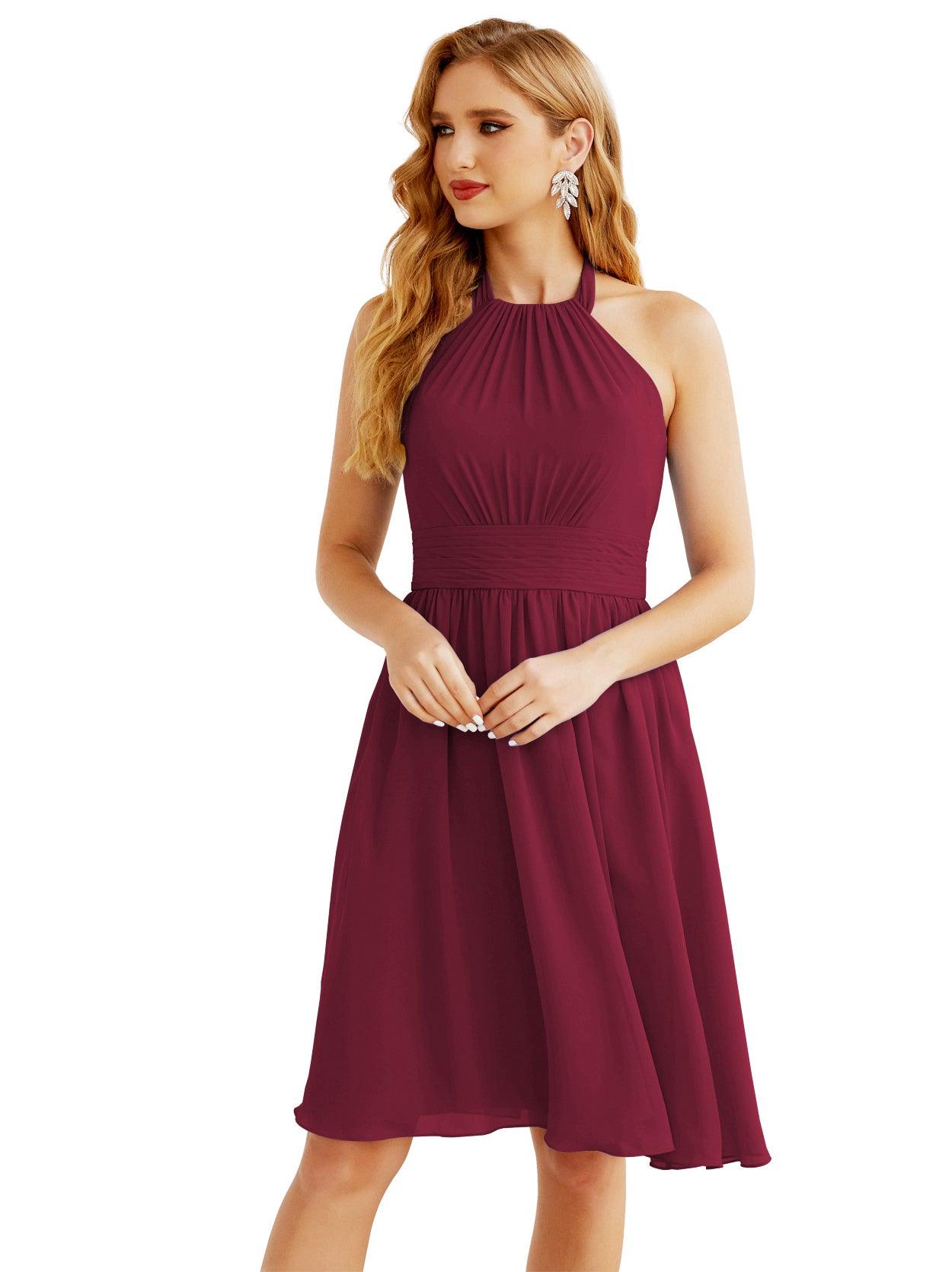 Baoleely Halter Chiffon Bridesmaid Dresses Short Sleeveless Formal Party Dress Open Back 28023