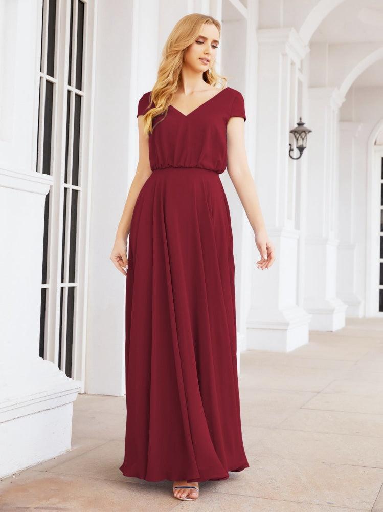 Numbersea V-Neck Bridesmaid Dresses Long Cap Sleeves Prom Evening Formal Gowns 28071