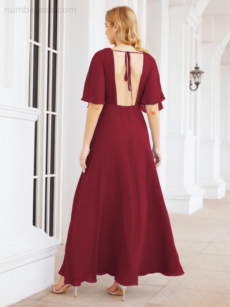 Numbersea V-Neck Bridesmaid Dress Chiffon Long Open Back Formal Dresses for Women Party Evening 28067