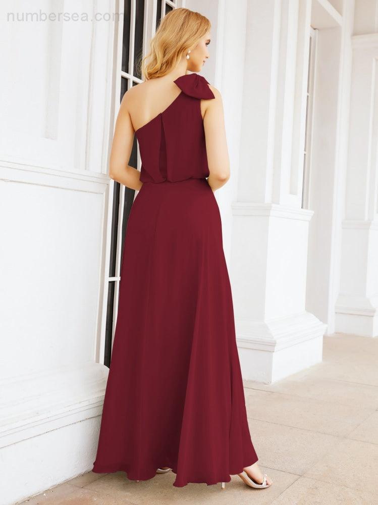 Numbersea Chiffon Ruffled One Shoulder Sleeveless Long Bride Dresses A-line Formal Evening Gown Side Split 28057