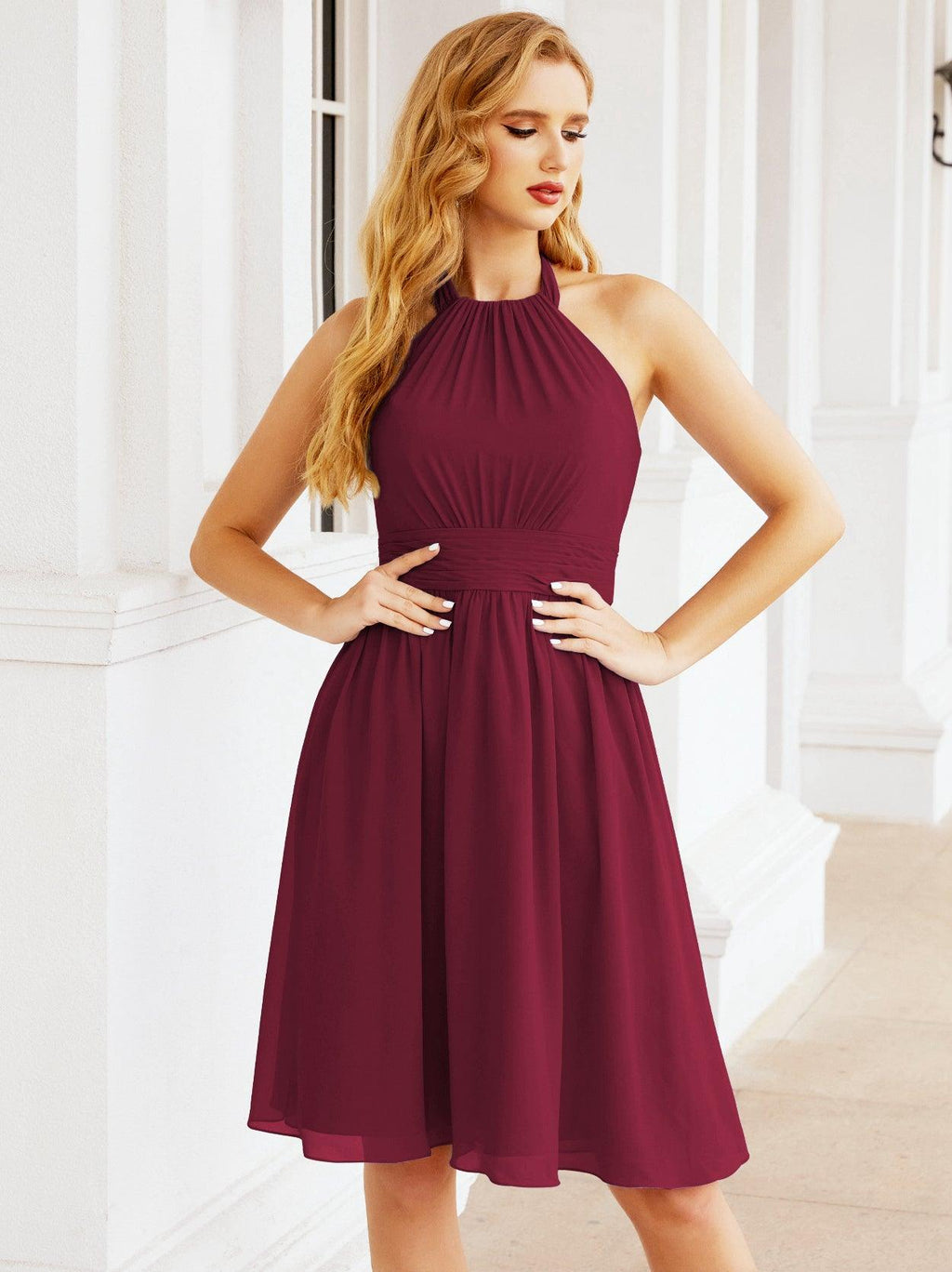 Baoleely Halter Chiffon Bridesmaid Dresses Short Sleeveless Formal Party Dress Open Back 28023