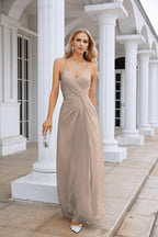 Ladies Chiffon Spaghetti Strap V Neck Front Slit Floor Length Bridesmaid Evening Dress Prom Party Wedding Evening Dress 28116