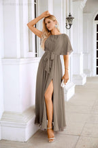 Ladies Chiffon Sleeve Crew Neck Front Slit Floor Length Bridesmaid Evening Dress Wedding Party Evening Dress 28124
