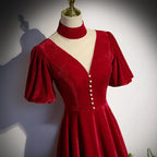 A-Line High Neckline Velvet Long Party Dress Short Sleeves Velvet Prom Dress