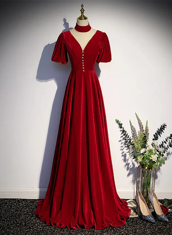 A-Line High Neckline Velvet Long Party Dress Short Sleeves Velvet Prom Dress
