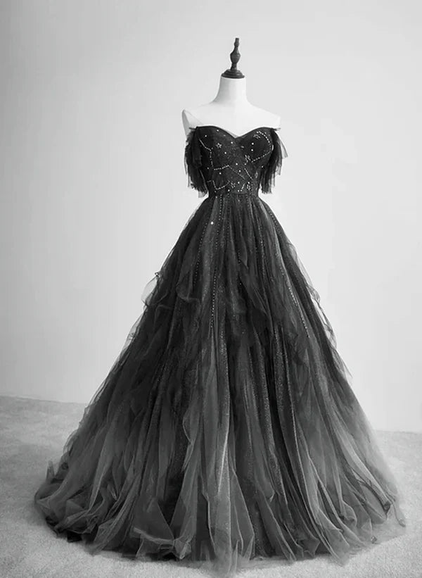 A-Line Tulle Ballgown Long Party Dress Beadings Evening Dress Prom Dress