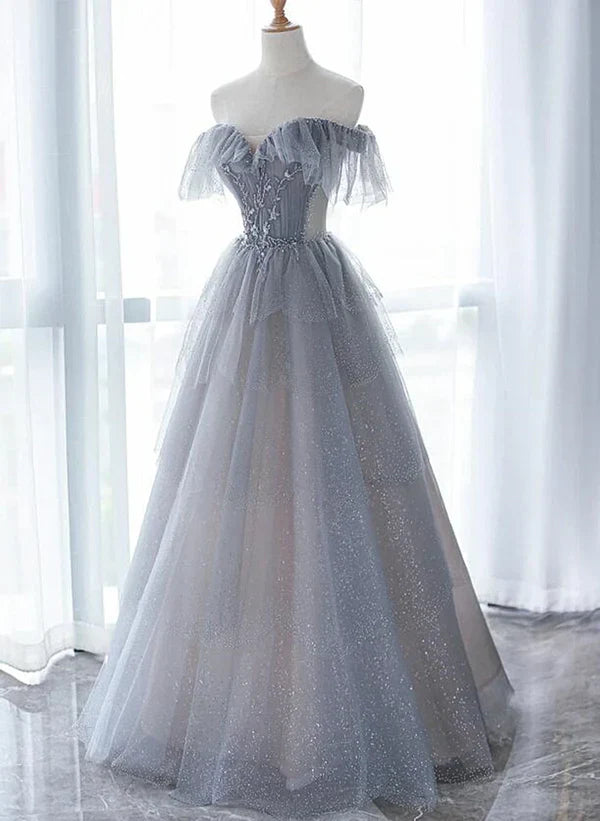 A-Line Princess Beaded Layers Glitter Tulle Long Formal Dress Off Shoulder Prom Dress