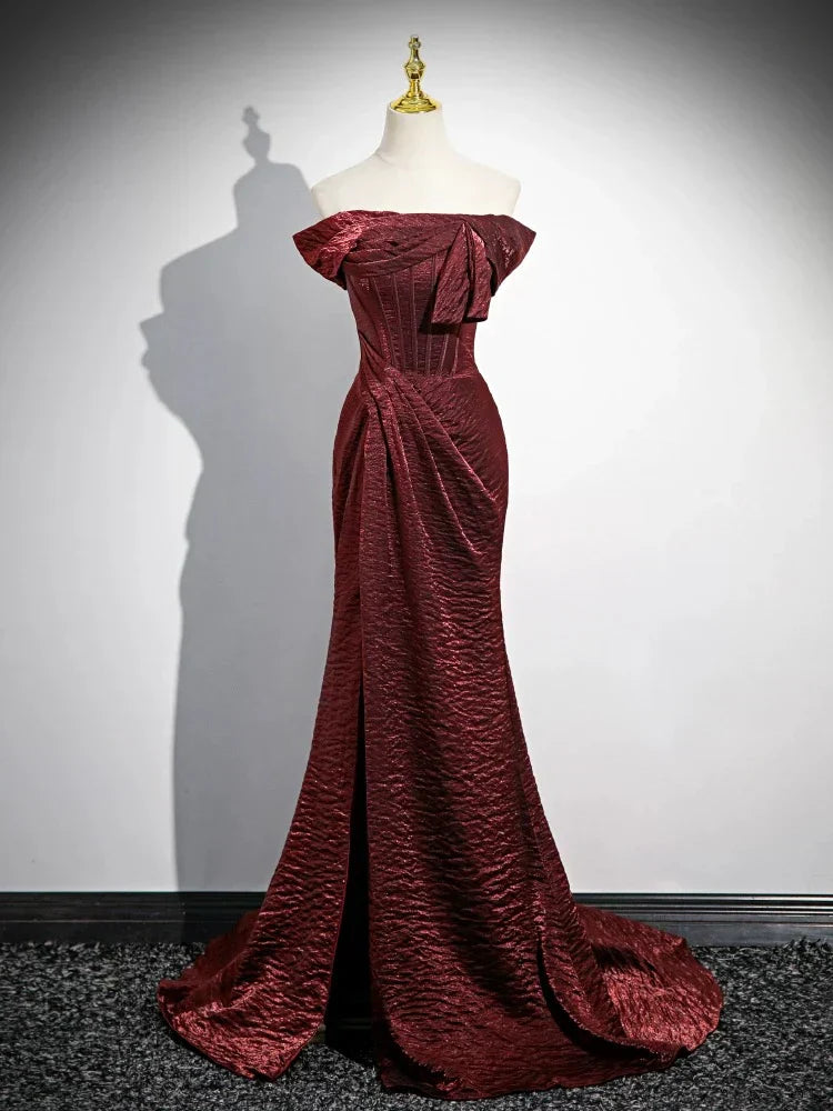 Mermaid Off Shoulder Satin Long Corset Prom Dress Formal Dress With Sweep Train