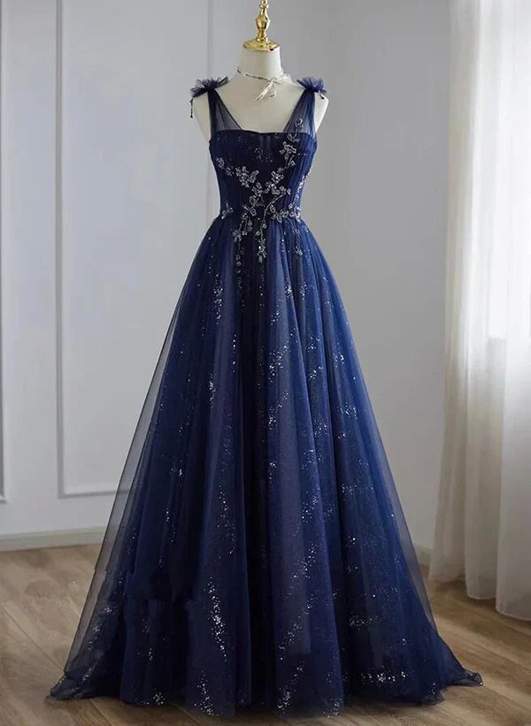 A-Line Princess Tulle Beaded V-neckline Party Dress Shiny Tulle Prom Dress