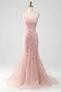 Sparkly Light Mermaid Lace Up Long Prom Dress Sequined Appliques With Sweep Train
