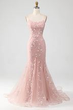 Sparkly Light Mermaid Lace Up Long Prom Dress Sequined Appliques With Sweep Train