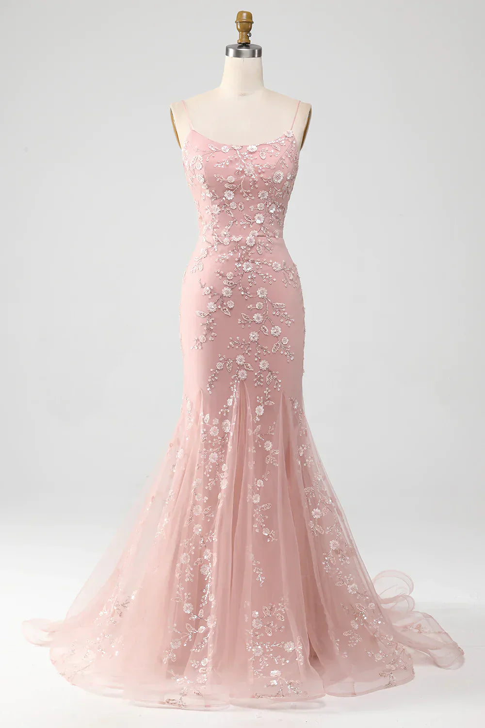 Sparkly Light Mermaid Lace Up Long Prom Dress Sequined Appliques With Sweep Train