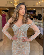 Ovlias Heavy Champagne Mermaid Tulle Prom Dress Long Sleeve Sweetheart Strapless