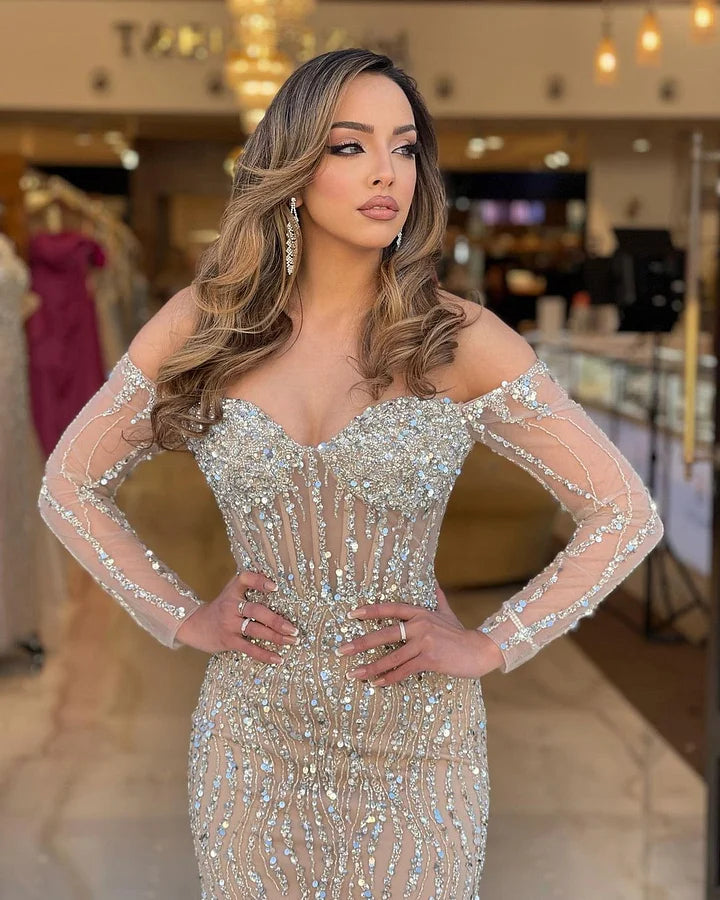 Ovlias Heavy Champagne Mermaid Tulle Prom Dress Long Sleeve Sweetheart Strapless