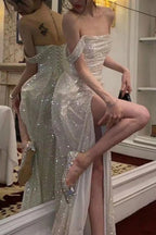 Sequins/Sparkling Mermaid Off the Shoulder Silver Sequins Long Prom Dress with Split Front