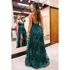Elegant & Luxurious V-neck Spaghetti Straps A-Line Slit Squins Formal Party Prom Dress