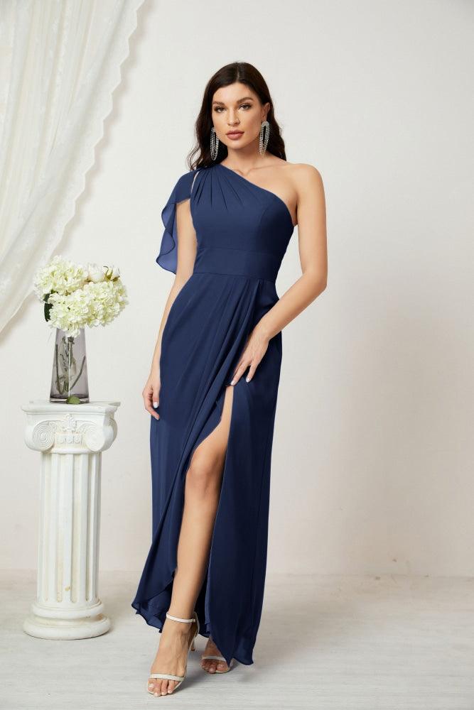Numbersea  Chiffon Ruffled One Shoulder Long Bridesmaid Dresses A-line Formal Evening Gown Side Split 2809