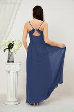 Baoleely  Neck Bridesmaid Dresses Chiffon Long Spaghetti A-line Formal Prom Gown for Wedding Party Evening 2801