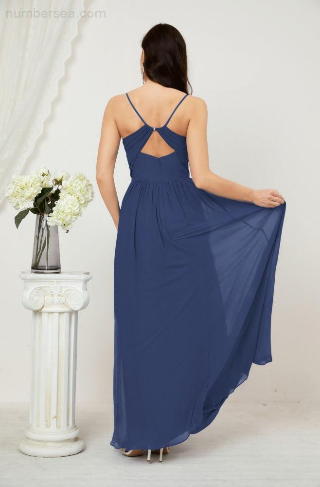 Baoleely  Neck Bridesmaid Dresses Chiffon Long Spaghetti A-line Formal Prom Gown for Wedding Party Evening 2801