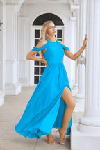 Ladies Chiffon Off Shoulder Swing Sleeve Front Slit Bridesmaid Evening Dress Wedding Party Evening Dress 28117