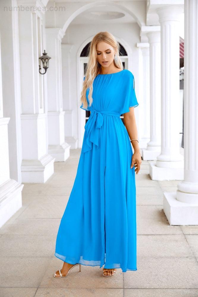 Ladies Chiffon Sleeve Crew Neck Front Slit Floor Length Bridesmaid Evening Dress Wedding Party Evening Dress 28124