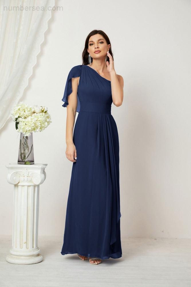 Numbersea  Chiffon Ruffled One Shoulder Long Bridesmaid Dresses A-line Formal Evening Gown Side Split 2809
