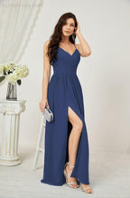 Baoleely  Neck Bridesmaid Dresses Chiffon Long Spaghetti A-line Formal Prom Gown for Wedding Party Evening 2801
