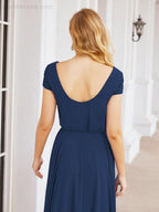 Numbersea V-Neck Bridesmaid Dresses Long Cap Sleeves Prom Evening Formal Gowns 28071
