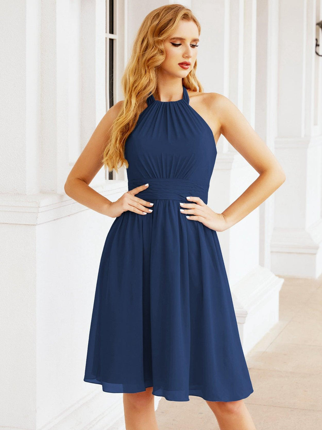 Baoleely Halter Chiffon Bridesmaid Dresses Short Sleeveless Formal Party Dress Open Back 28023