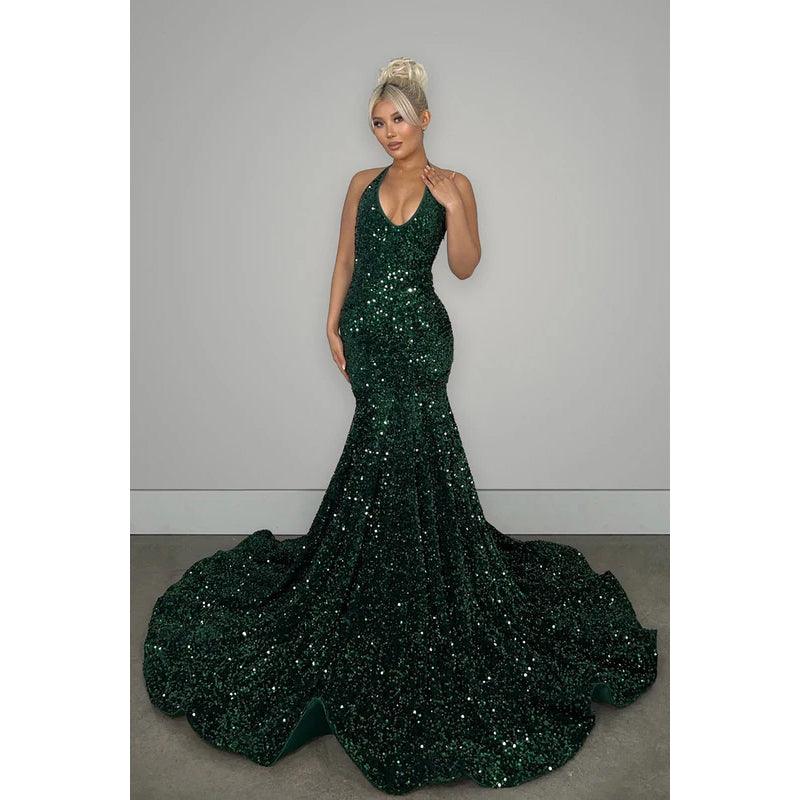 V-Neck Halter Backless Sequins Mermaid Long Prom Evening Dress With Sweep Train