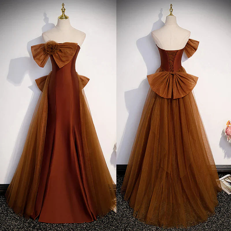 Mermaid Tulle Satin Strapless Long Party Dress Formal Dress Prom Dress